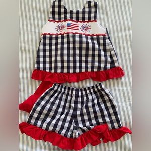 Smocked and gingham July 4th / American flag and firework two piece set